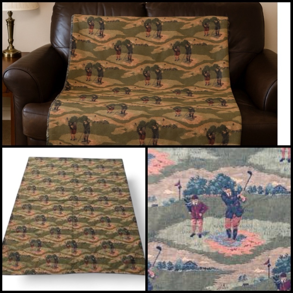 VTG Pictorial Golf Theme Woven Tapestry 4.5 x 5 Feet Braided Trim Throw Blanket